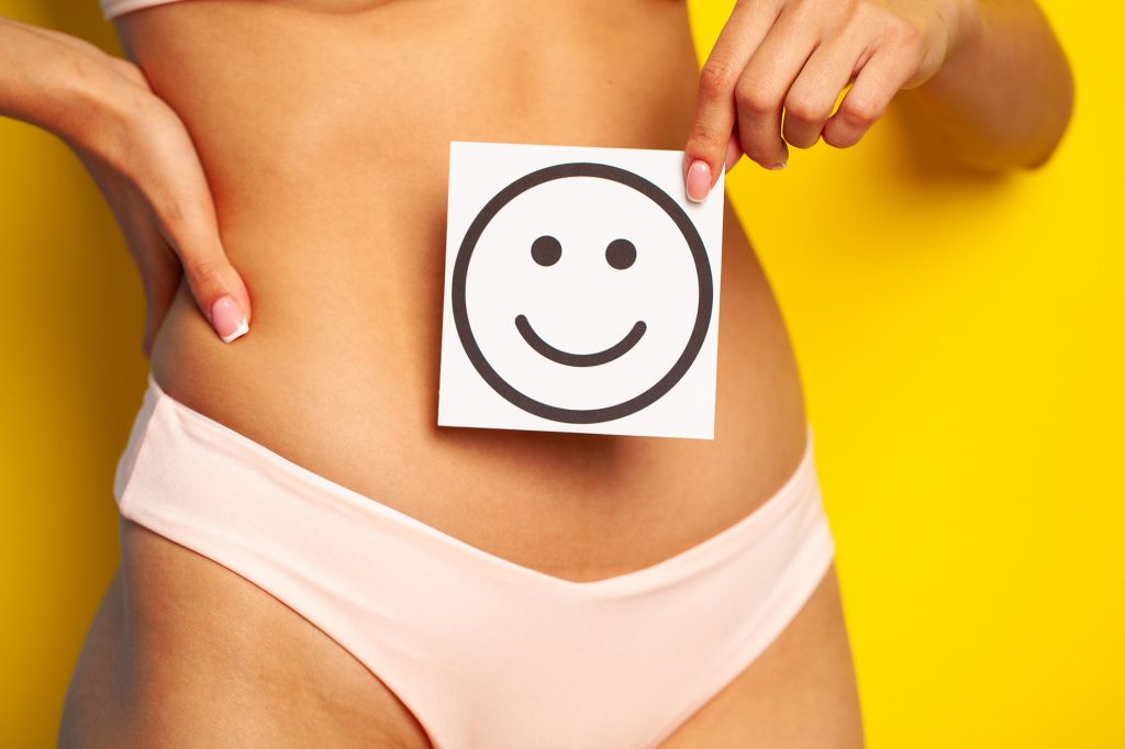 Women Health, Beautiful Female Body In Panties With Smile Card.