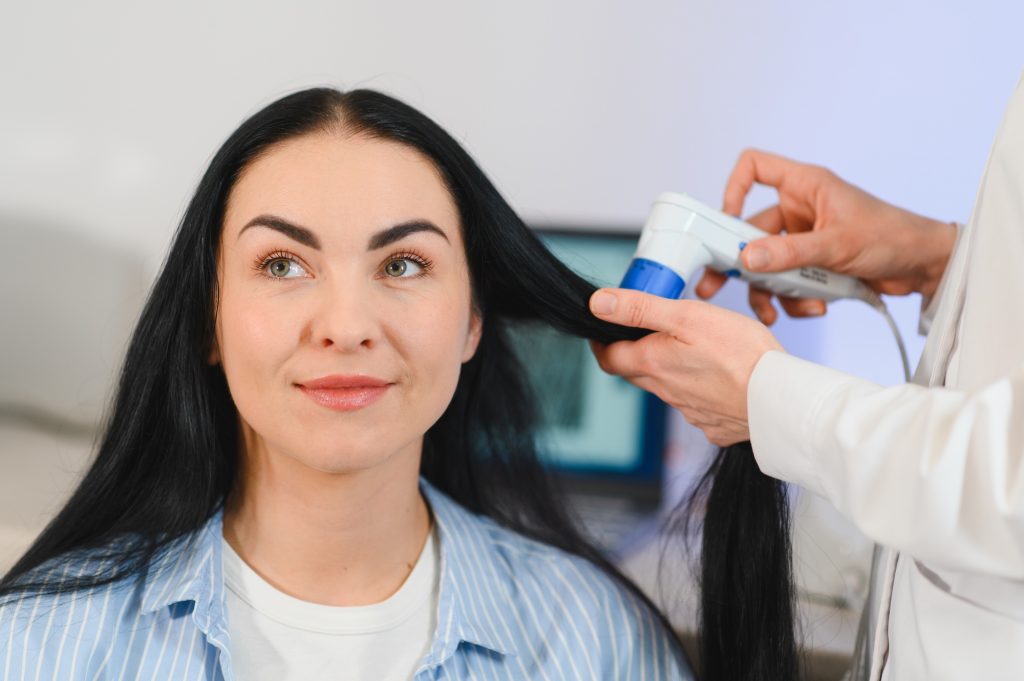 Trichological and dermatological examination of the scalp and hair follicles