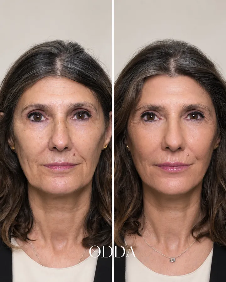 Armonización facial caso 2, vista frontal, antes y después. Clínica ODDA Barcelona