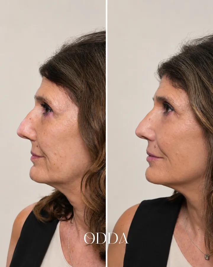 Armonización facial caso 2, perfil derecho, antes y después. Clínica ODDA Barcelona