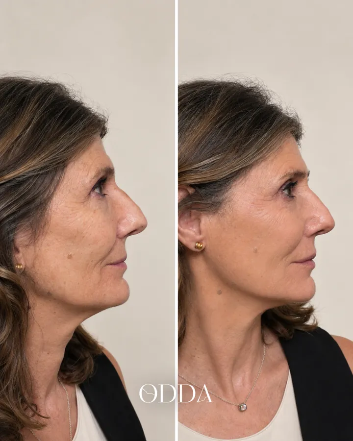 Armonización facial caso 2, perfil izquierdo, antes y después. Clínica ODDA Barcelona